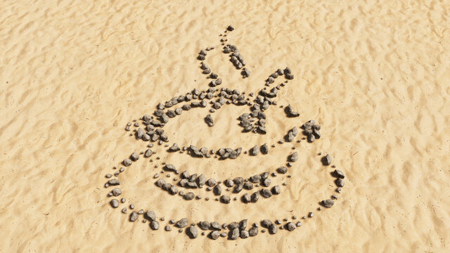 Concept conceptual stones on beach sand handmade symbol shape, golden sandy background, hot cup of tea sign. A 3d illustration metaphor for traditional medicine, relaxation, health and diet