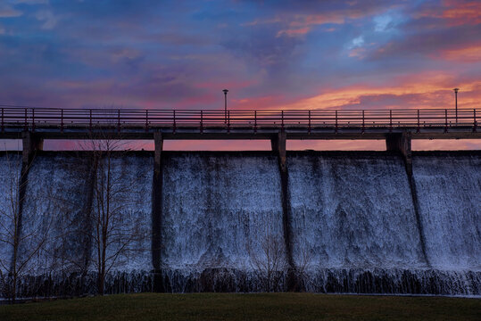 Colorful Sky Over the Waterfall at Lake Junaluska