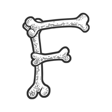 letter F made of bones sketch engraving raster illustration. Bones font. T-shirt apparel print design. Scratch board imitation. Black and white hand drawn image.