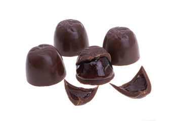 chocolate candies with cherries and liqueur isolated