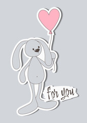 Romantic illustration for Valentine's Day. Cute rabbit with a heart-shaped balloon. Vector illustration.