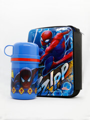 Fototapeta premium Spider-Man. Spider man. Toy. Comic. Movies. Peter parker. Superhero. Super hero. School pencil case for children. School supplies. Thermos for children's drinks. Plastic bottle with glass included.