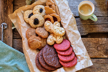 cookies box. red velvet, almond, almond with jam, ginger, chocolate chip cookies.