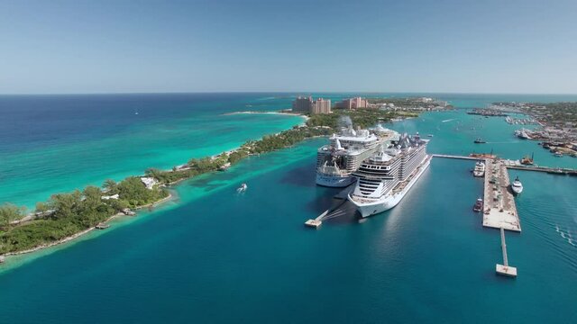The drone aerial footage of Paradise Island, Nassau, New Providence, Bahamas.