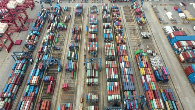 Aerial photography close-up of logistics containers in a Chinese port terminal