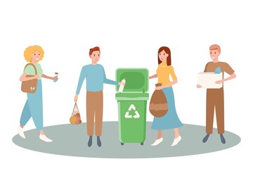 Set of happy men and women sorting and recycling and reuse the garbage. Zero waste concept. Bundle of cute funny people putting rubbish in trash bins, dumpsters or containers. Flat illustration