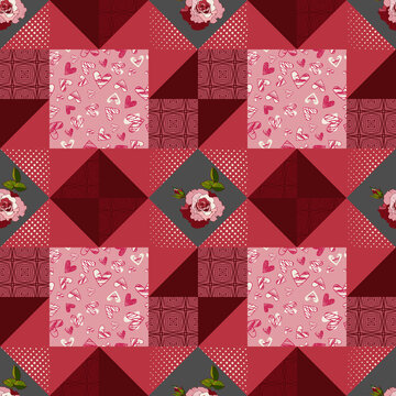 Patchwork pattern with dots, triangles, wavy lines, red rose, outline hearts on pink and dark red background for fabric design, bandana, bright postcard, blanket. Vintage boho style  illustration.