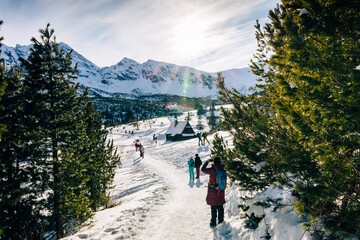 Obraz premium Tatra mountians at winter time. View of the white snow-capped peaks, frosty winter mountains.Tatra Mountains in Poland, near Zakopane, Europe.