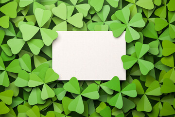 Cloverleaf background with an empty card for your own text in the middle. One clover at the top...