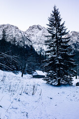 Tatra mountians at winter time. View of the white snow-capped peaks, frosty winter mountains.Tatra Mountains in Poland, near Zakopane, Europe.