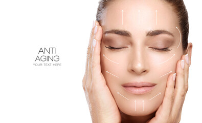 Facelift and Anti Aging Concept. Beauty Face Spa Woman with Lifting Up Arrows. - obrazy, fototapety, plakaty