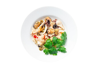 seafood salad mussels, squid, octopus, shrimps meal food snack on the table copy space food background