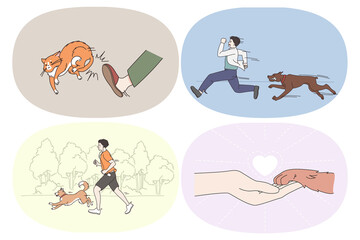 Different emotions to pets concept. Set of girls and boys running in park together with dog or running away with fears getting out cat with kick and making friend with pets vector illustration 