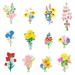 Vector set of garden and meadow flowers in bouquets.A collection of various flower arrangements.