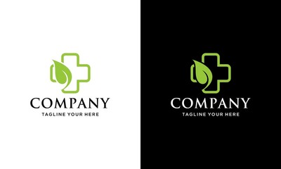 Medical Plus Leaf Healthy Care Creative Logo template. vector logo. Medical icons. on a black and white background. - obrazy, fototapety, plakaty