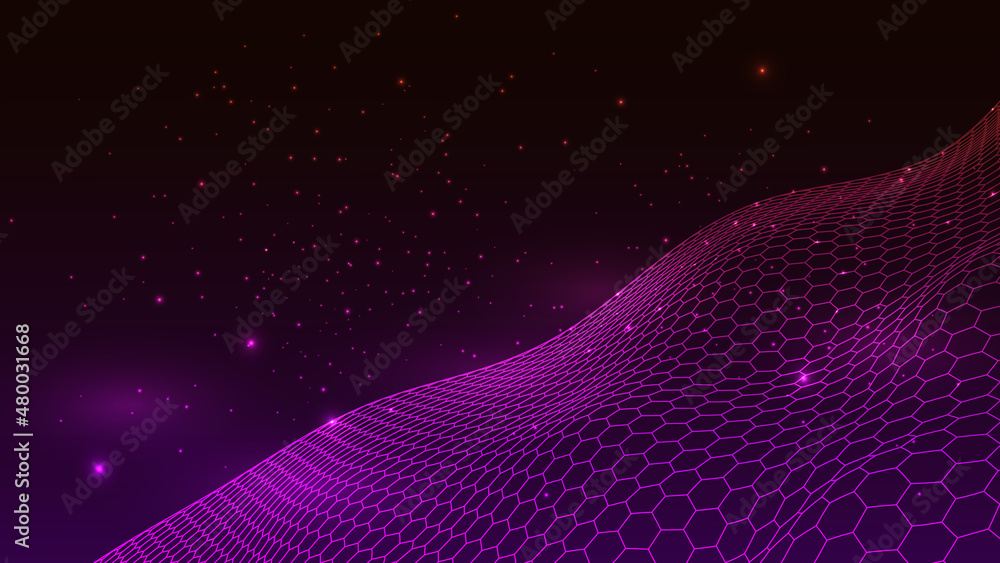 Poster hexagonal grid background with pink and blue glows. geometric pattern. vhs effect. design for banner