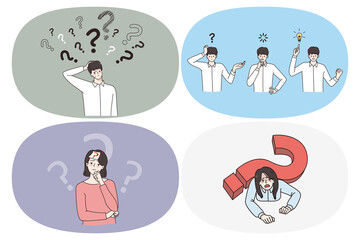 Frustration doubt and thinking concept. Set of young people with question mark around feeling doubt trying to find best decision need help or great idea for business vector illustration 