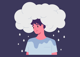 Young male with sad face expression and blue raining cloud above his head. Concept of trouble, stressed, depression, metal health illness, emotion, bad day. Flat vector illustration character.