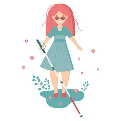 A blind girl with a cane outside. A woman with physical disabilities enjoys life. Isolated object on a white background. Vector illustration.