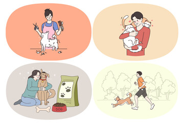 Happy young pets owners concept. Set of smiling girls and boys grooming hugging feeding dog running in park together playing and enjoying time with pets vector illustration 
