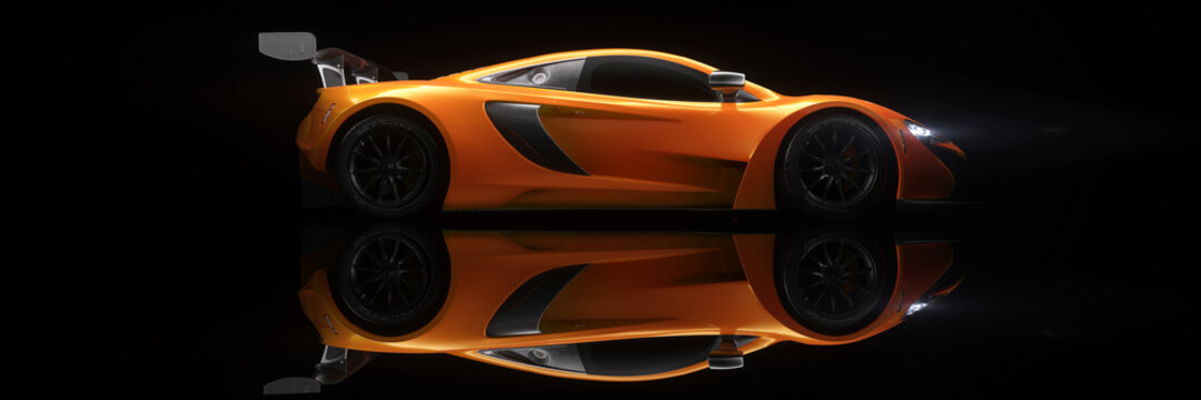 Orange Sports Car With Mirrored Reflection In A Dark Studio From The Side 3d Render