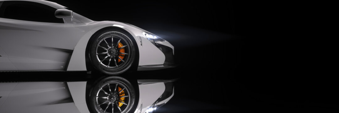 Side profile view of a white sports car in silhouette in a dark studio 3d render