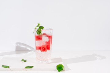 Un vaso de jugo de sandía desintoxicante con hojas verdes trozos de sandia y hielo sobre fondo claro