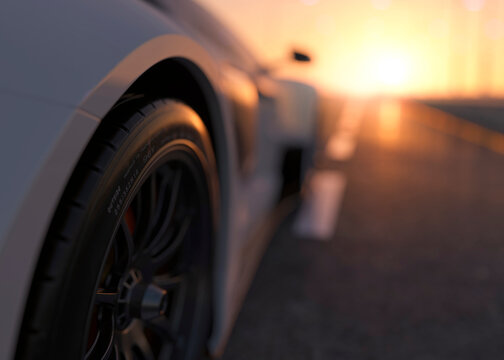 White sports car on empty road 3d render