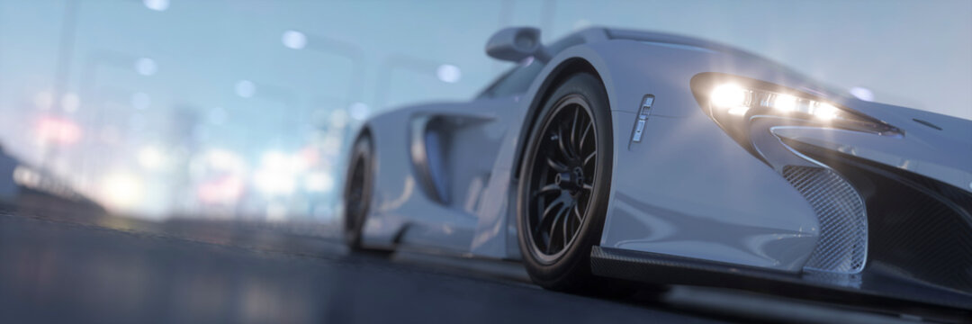 White sports car in the city 3d render