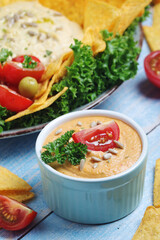 Hummus with vegetables salad and nachos