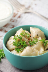 Russian national dish pelmeni served in a plate	