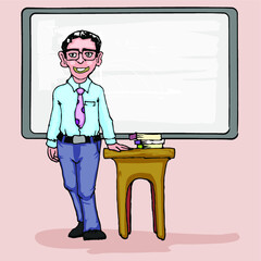 Young lecture standing in front of white board hand draw illustration