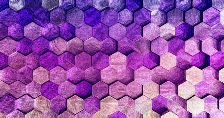 Abstract purple style acrylic paint or oil hexagon texture pattern background. 3d rendering. Wrapping paper.