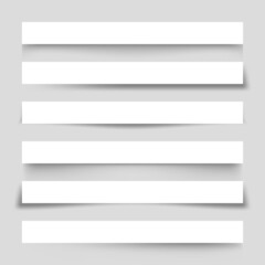 Set of white blank paper scraps with shadows. Page dividers on gray background. Realistic transparent shadow effect. Element for design. Vector illustration.