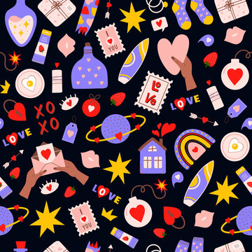 Seamless pattern of romantic colorful elements for Valentine's Day isolated on a dark background. Modern hand drawn vector illustration