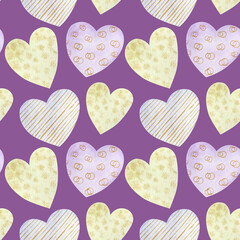 Pattern of watercolor hearts on a background of color 2022 Very Peri. Metallic pattern for Valentine's Day