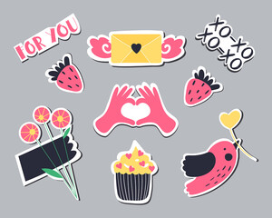 Collection of different stickers for valentine's day. Vector illustration in cartoon style.