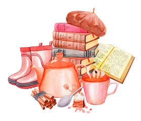 Watercolor cozy composition. Reading books with a hot drink after the rain. Rubber boots, beret, kettle, mug. Stylish autumn accessories. Hand drawn illustration isolated on white background.