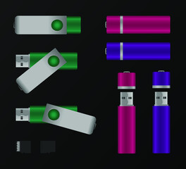 Colored flash drives. Micro SD. USB flash drive memory vectors set, isolated