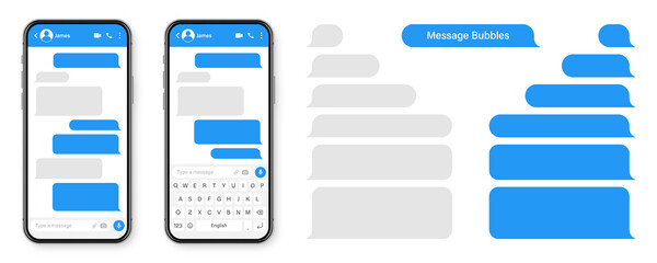 Realistic smartphone with messaging app. Blank SMS text frame. Conversation chat screen with blue message bubbles. Social media application. Vector illustration.