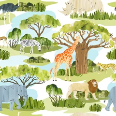  Vector naadloos patroon met Afrikaanse dieren. Wilde dieren en bomen geïsoleerd op een witte achtergrond. Textiel, inpakpapier, paginavulling, webdesign, behang © GaliChe
