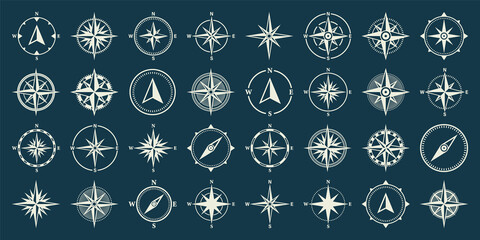 Vintage marine wind rose, nautical chart. Monochrome navigational compass with cardinal directions of North, East, South, West. Geographical position, cartography and navigation. Vector illustration.