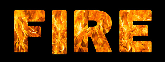 The word fire on a black background with letters with the texture of fire