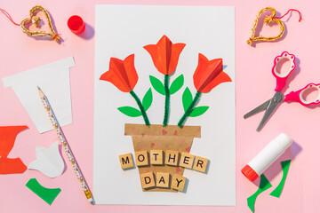Children gift for Birthday or Mother's Day. How to make paper flower for greeting card. Simple creative art project.