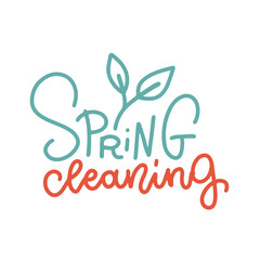 Obraz premium Linear lettering of Spring cleaning with leaf. Concept for cleaning service, house work, domestic life. Design for poster, banner, blog, flyer, sticker, ad, promotion. Hand drawn vector design.