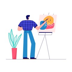 Men enjoying his hobbies, work, leisure. Character  drawing. Designer and artist at work . Vector illustration in flat cartoon style.