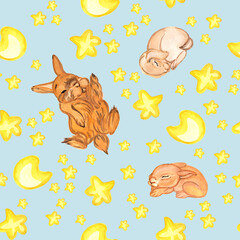 Watercolor pattern of cute little sleeping rabbits and stars