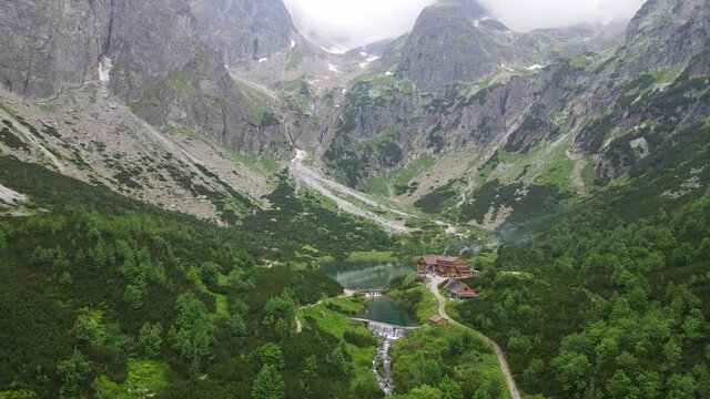 Aerial view of the lake Zelene pleso in the High Tatras in Slovakia