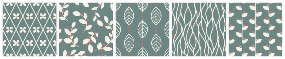 Seamless Scandinavian Pattern Set: Abstract Composition of Flowers, Leaves, Dots, Lines. Hand Drawn Naive folk art textiles Swatch in Green, Red and White colors. Boho Home Decor, Flat Doodle Style.   © AutumnStudio