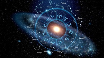 Zodiac signs inside of horoscope circle. Astrology in the sky with many stars horoscopes concept.